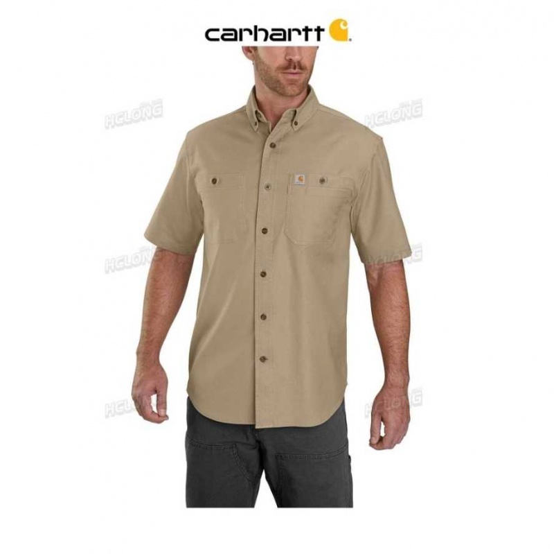 Kaki Foncé Carhartt Rugged Flex Relaxed Fit Midweight Tela Corta-Sleeve Shirt Kaki - Danmark UOT-3200228