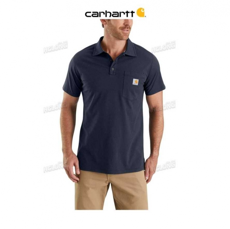 Bleu Marine Carhartt Force Relaxed Fit Midweight Corta-Sleeve Pocket Polo Bleu - Danmark SNT-4885500