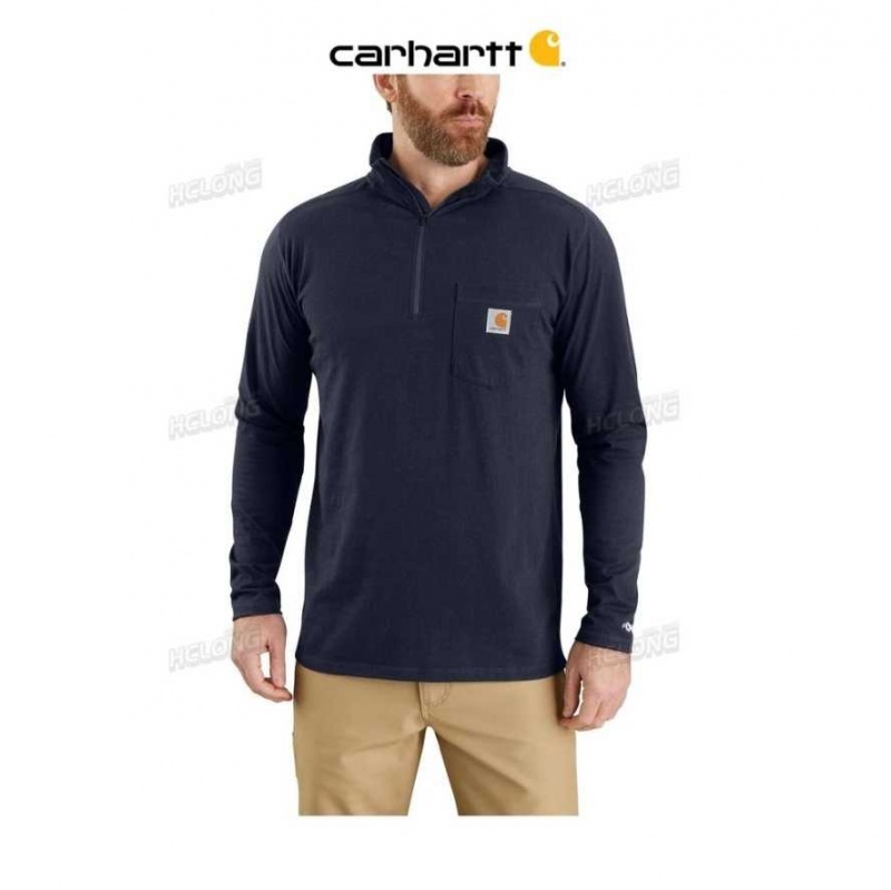 Bleu Marine Carhartt Force Relaxed Fit Midweight Long-Sleeve Quarter-Zip Mock-Neck T-Shirt Bleu - Danmark EMC-1940871