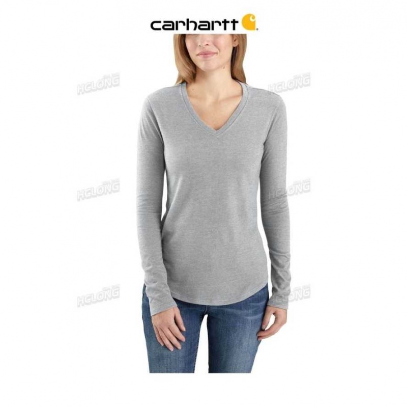 Heather Gray Carhartt Relaxed Fit Midweight Long Sleeve V neck T-Shirt Heather - Danmark MGM-9181561