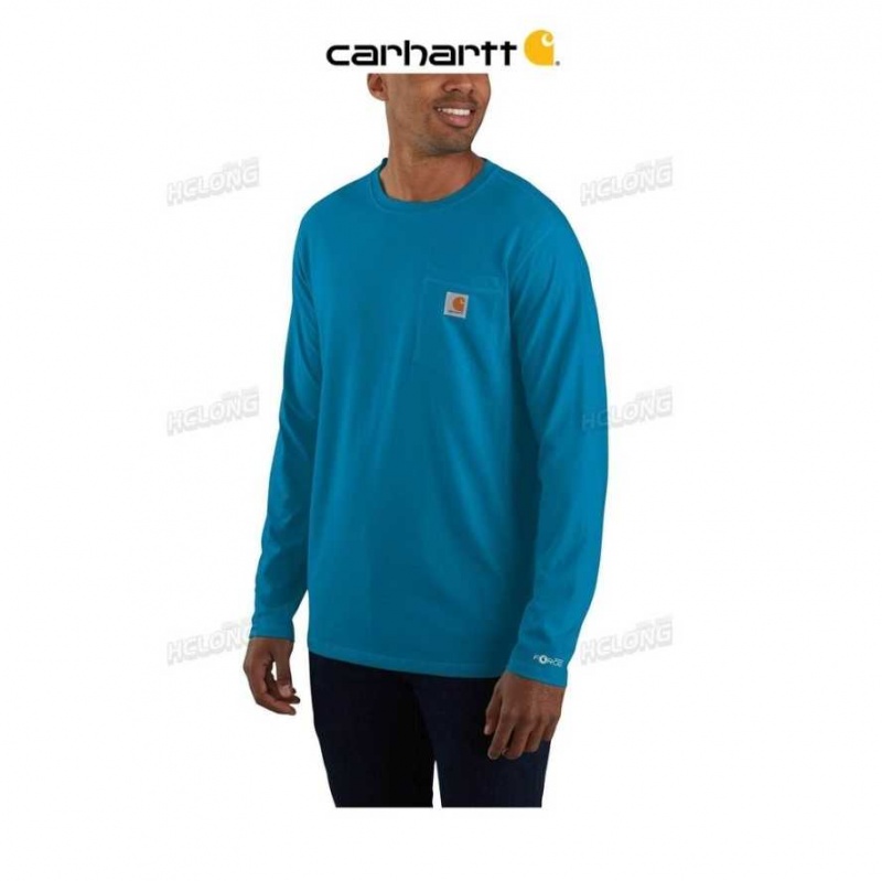 Bleu Carhartt Force Relaxed Fit Midweight Long-Sleeve Pocket T-Shirt - Danmark LKP-4810326