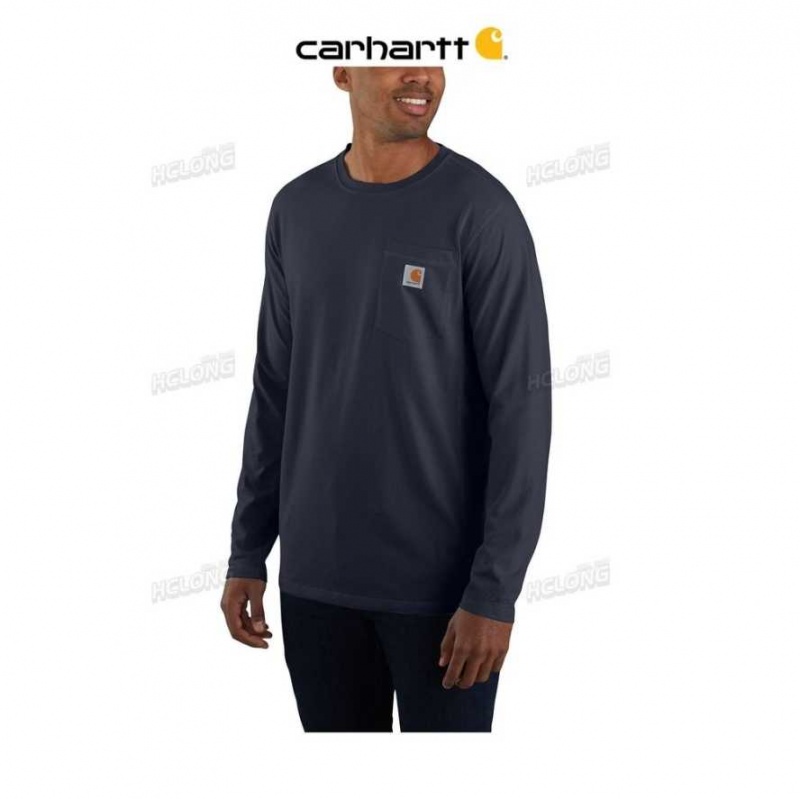 Bleu Marine Carhartt Force Relaxed Fit Midweight Long-Sleeve Pocket T-Shirt Bleu - Danmark ZLJ-0114257