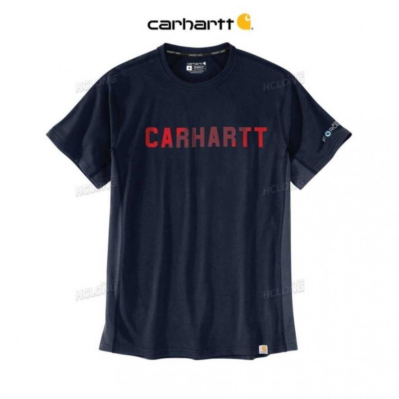 Bleu Marine Carhartt Force Relaxed Fit Midweight Corta-Sleeve Block Logo Graphique T-Shirt Bleu - Danmark PTK-6827089