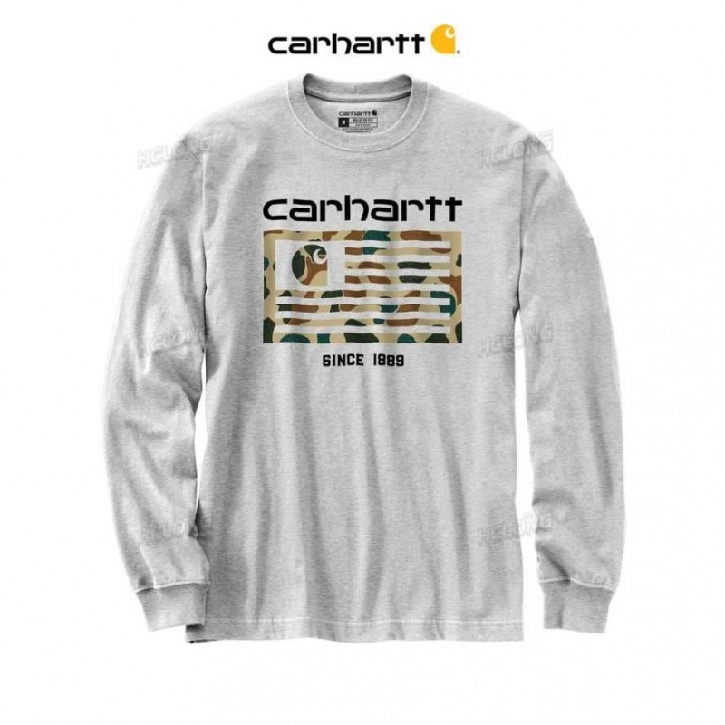 Heather Gray Carhartt Relaxed Fit Midweight Long-Sleeve Camo Flag Graphique T-Shirt Heather - Danmark PTU-3804003