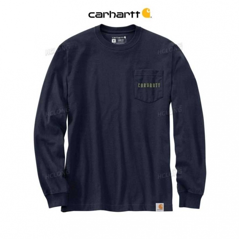 Bleu Marine Carhartt Loose Fit Heavyweight Long-Sleeve Pocket Tough Graphique T-Shirt Bleu - Danmark NCG-9669803