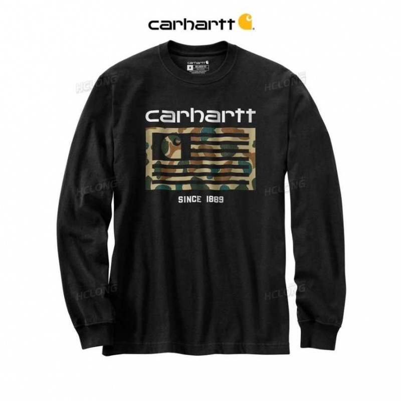 Noir Carhartt Relaxed Fit Midweight Long-Sleeve Camo Flag Graphique T-Shirt - Danmark WBA-1169880