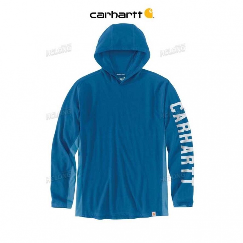 Bleu Carhartt Force Relaxed Fit Midweight Long-Sleeve Logo Graphique Encapuchonné T-Shirt - Danmark WCM-0688673