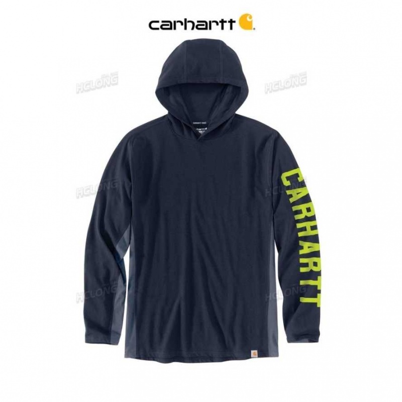 Bleu Marine Carhartt Force Relaxed Fit Midweight Long-Sleeve Logo Graphique Encapuchonné T-Shirt Bleu - Danmark SUZ-5353009