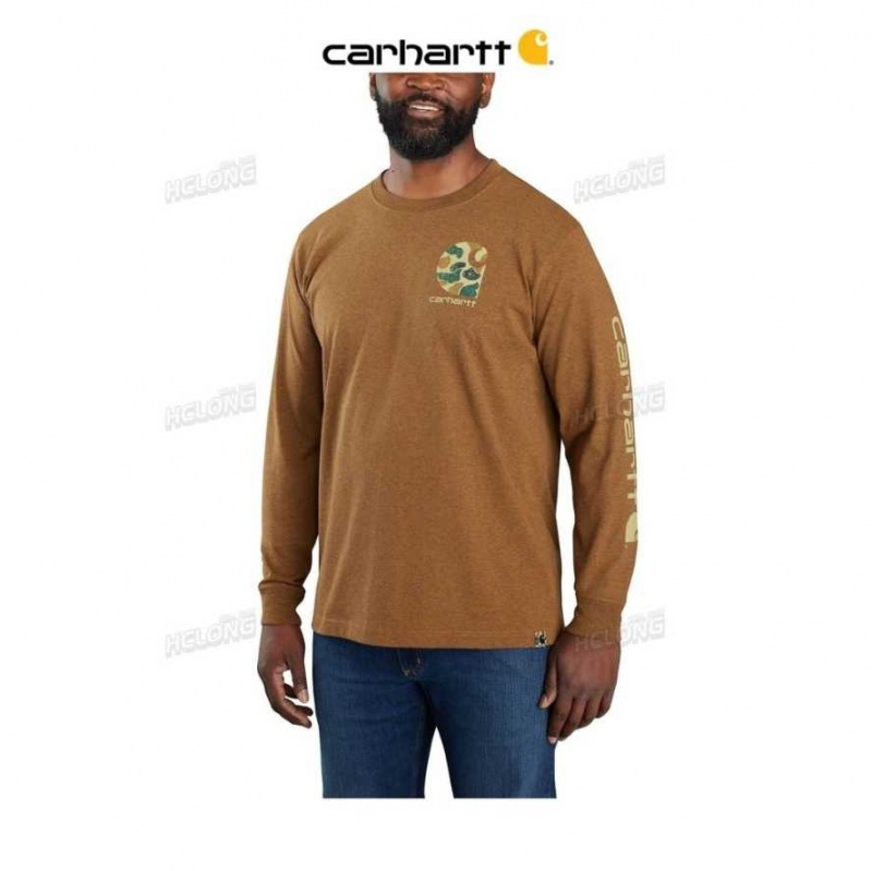 Oiled Walnut Heather Carhartt Relaxed Fit Heavyweight Long-Sleeve Camo Logo Graphique T-Shirt Oiled Walnut - Danmark FRU-1327591