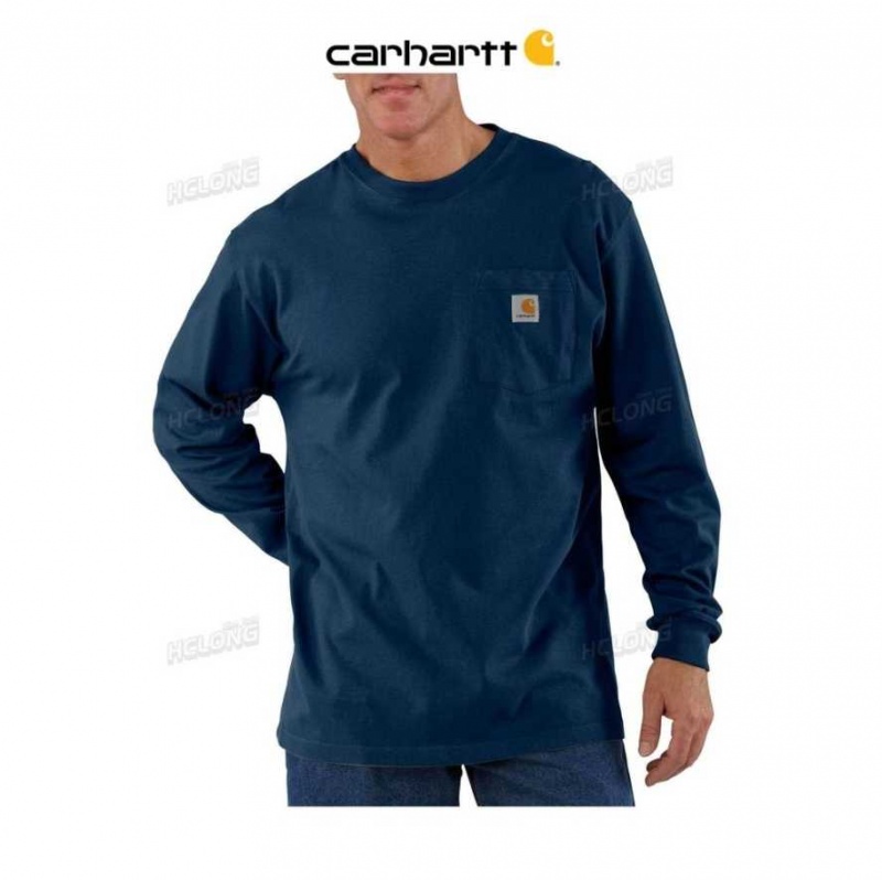 Bleu Marine Carhartt Loose Fit Heavyweight Long-Sleeve Pocket T-Shirt Bleu - Danmark DBK-6017525