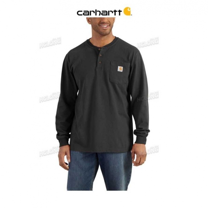 Noir Carhartt Loose Fit Heavyweight Long-Sleeve Pocket Henley T-Shirt - Danmark WIY-2325031