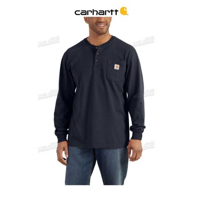 Bleu Marine Carhartt Loose Fit Heavyweight Long-Sleeve Pocket Henley T-Shirt Bleu - Danmark ZWH-5373383