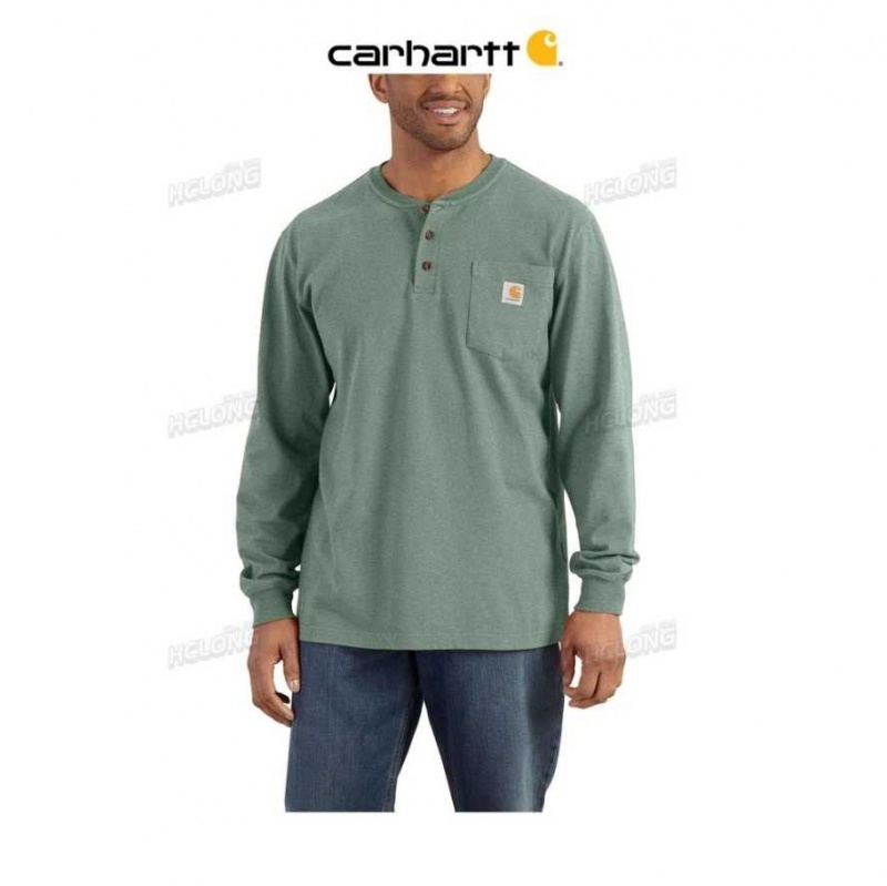 Jade Heather Carhartt Loose Fit Heavyweight Long-Sleeve Pocket Henley T-Shirt Jade - Danmark OXC-5464422