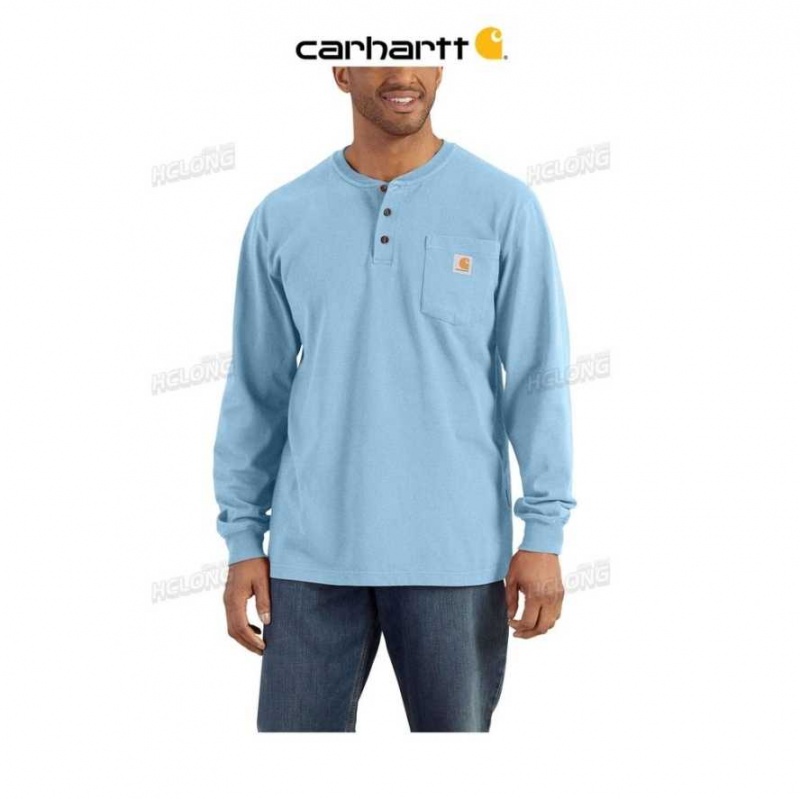 Bleu Carhartt Loose Fit Heavyweight Long-Sleeve Pocket Henley T-Shirt - Danmark EUY-9041797