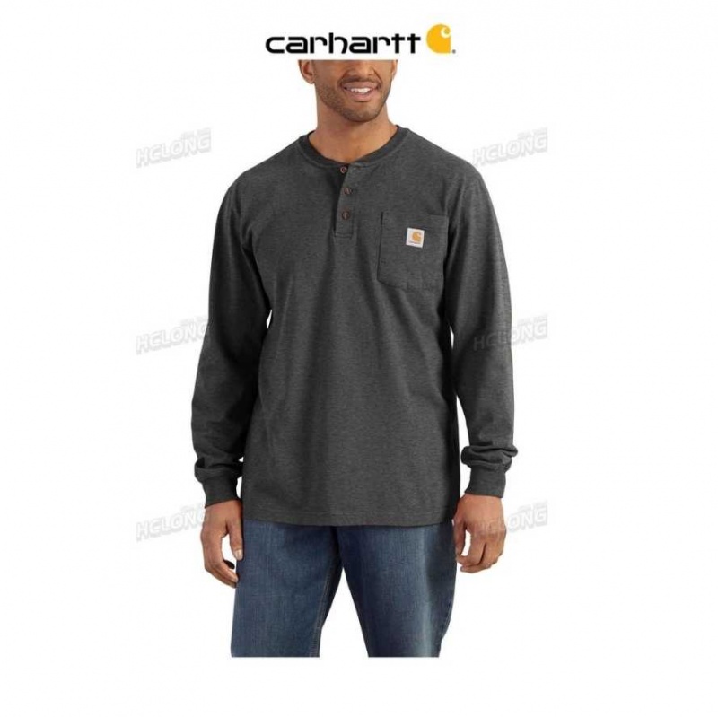 Carbon Heather Carhartt Loose Fit Heavyweight Long-Sleeve Pocket Henley T-Shirt Carbon - Danmark HQY-4329979