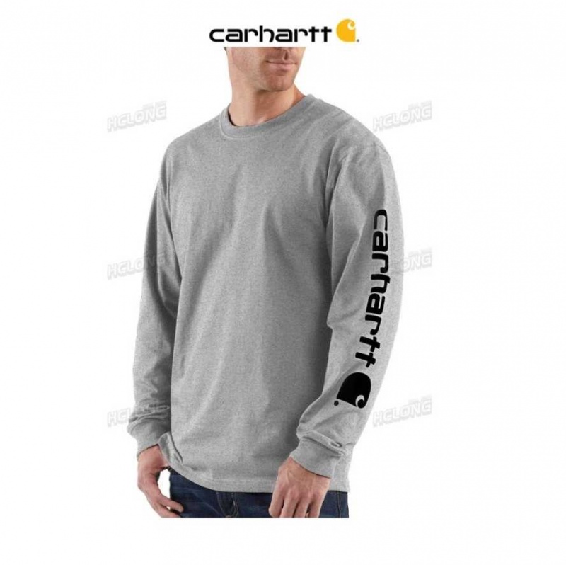 Heather Gray Carhartt Loose Fit Heavyweight Long-Sleeve Logo Sleeve Graphique T-Shirt Heather - Danmark MGD-3501315