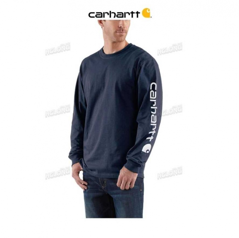 Bleu Marine Carhartt Loose Fit Heavyweight Long-Sleeve Logo Sleeve Graphique T-Shirt Bleu - Danmark OOM-0641806