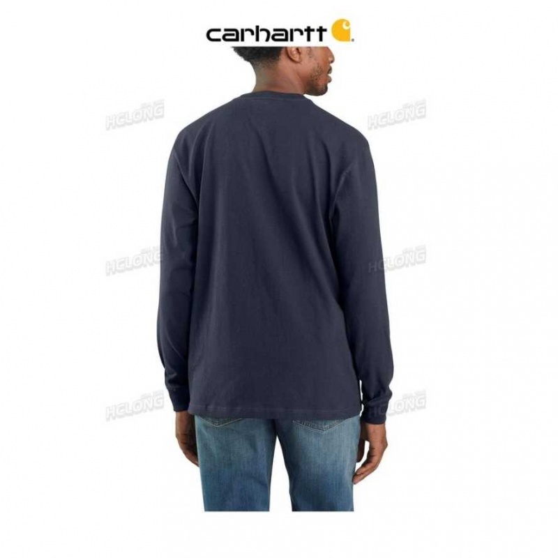 Bleu Marine Carhartt Loose Fit Heavyweight Long-Sleeve Logo Sleeve Graphique T-Shirt Bleu - Danmark OOM-0641806