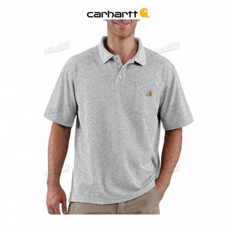 Heather Gray Carhartt Loose Fit Midweight Corta-Sleeve Pocket Polo Heather - Danmark ZEQ-3316648