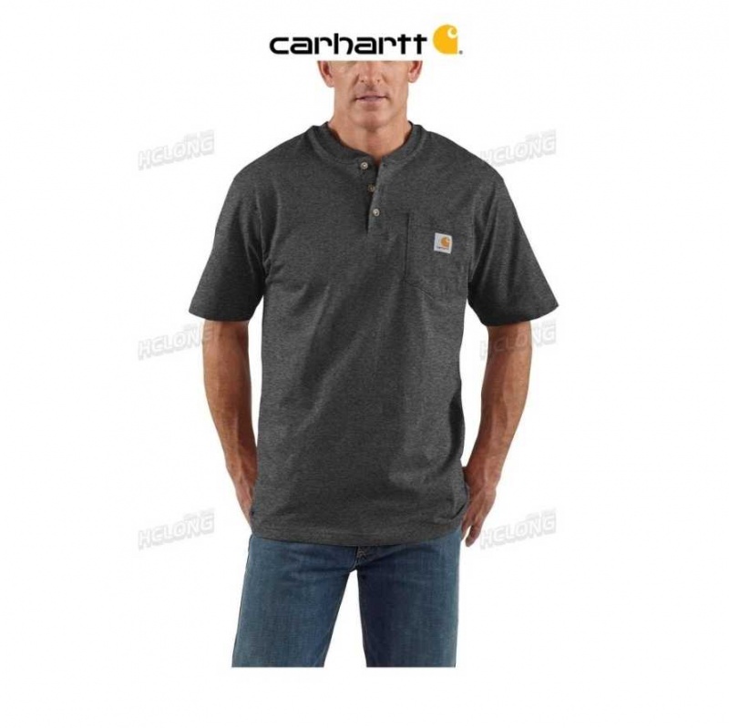 Carbon Heather Carhartt Loose Fit Heavyweight Corta-Sleeve Pocket Henley T-Shirt Carbon - Danmark BLM-8377084