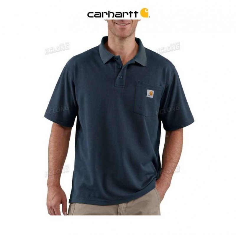 Bleu Marine Carhartt Loose Fit Midweight Corta-Sleeve Pocket Polo Bleu - Danmark YWI-7455402