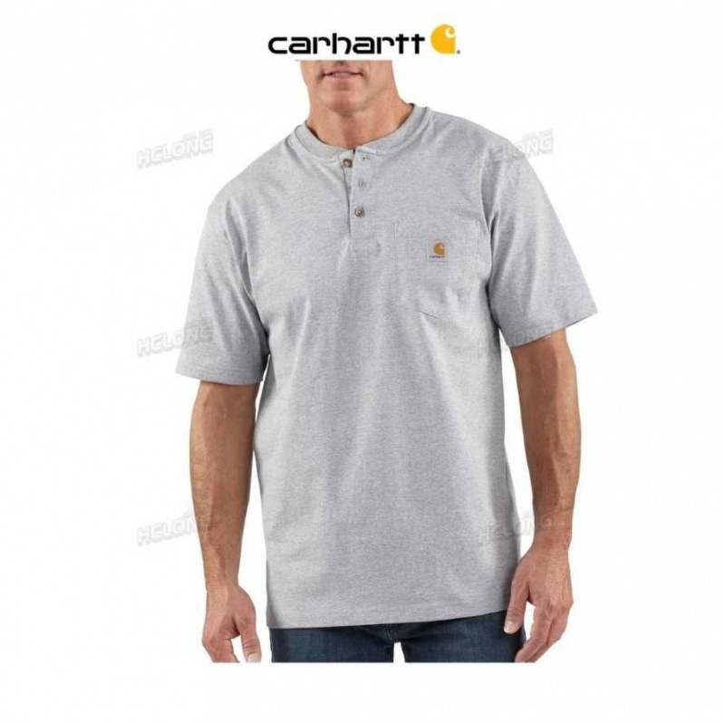 Heather Gray Carhartt Loose Fit Heavyweight Corta-Sleeve Pocket Henley T-Shirt Heather - Danmark ZKD-4837969