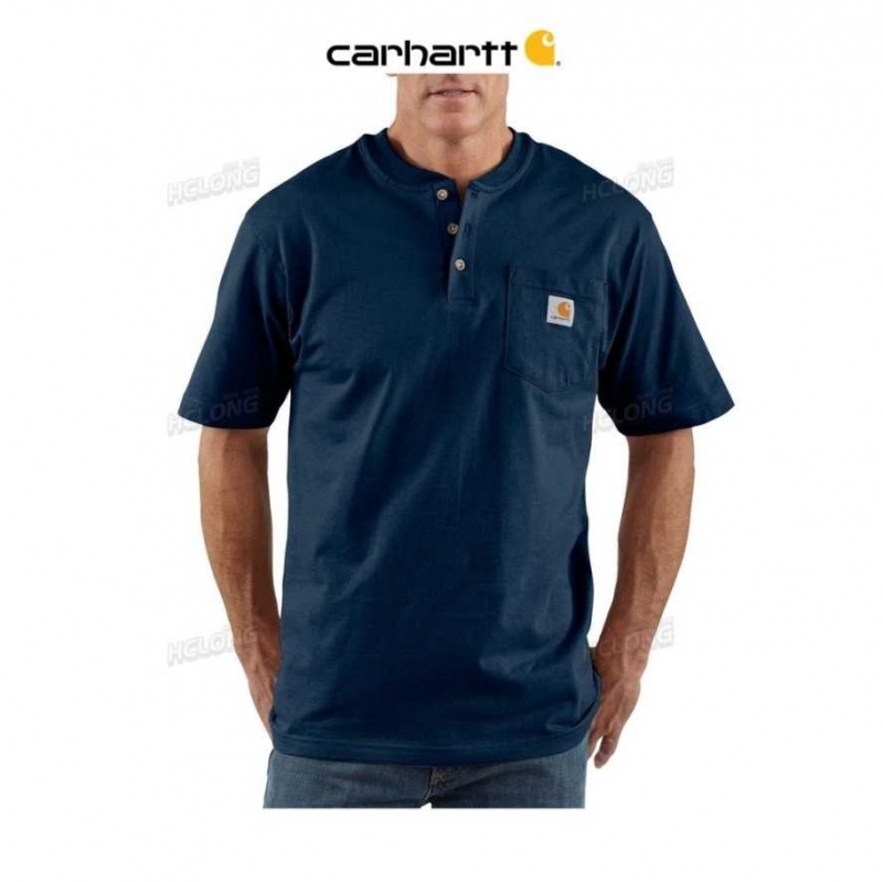 Bleu Marine Carhartt Loose Fit Heavyweight Corta-Sleeve Pocket Henley T-Shirt Bleu - Danmark UEJ-8607944