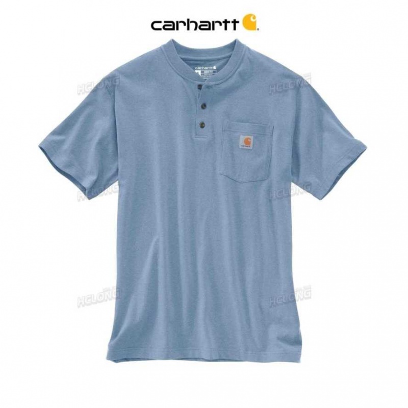 Bleu Carhartt Loose Fit Heavyweight Corta-Sleeve Pocket Henley T-Shirt - Danmark QPO-5452182