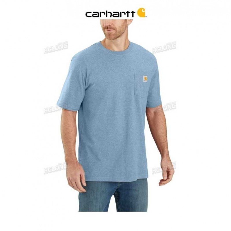 Bleu Carhartt Loose Fit Heavyweight Corta-Sleeve Pocket T-Shirt - Danmark DFM-3730090