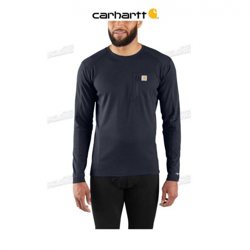 Bleu Marine Carhartt Force Midweight Micro-Grid Base Layer Crewneck Pocket Top Bleu - Danmark KGA-6038761