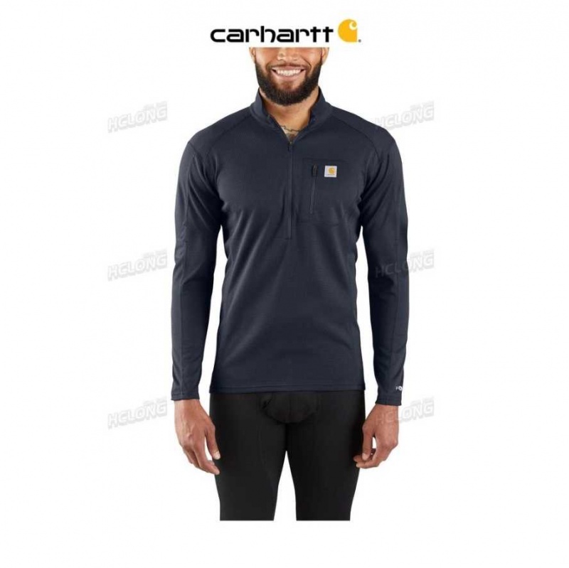 Bleu Marine Carhartt Force Midweight Micro-Grid Base Layer Quarter-Zip Pocket Top Bleu - Danmark FVJ-3283067