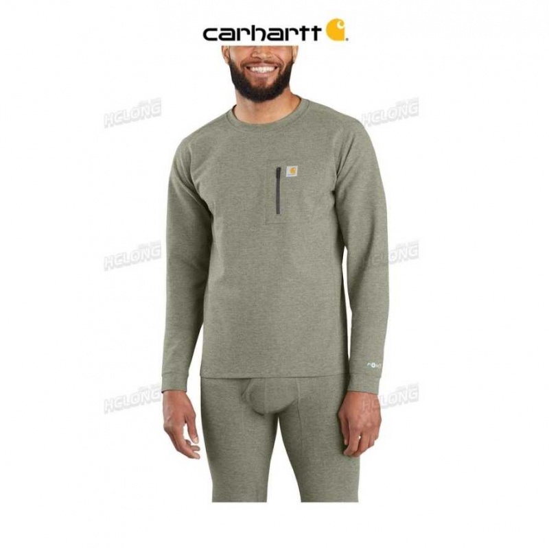 Vert Olive Carhartt Force Heavyweight Heathered Knit Base Layer Crewneck Pocket Top Vert - Danmark OJI-2786586