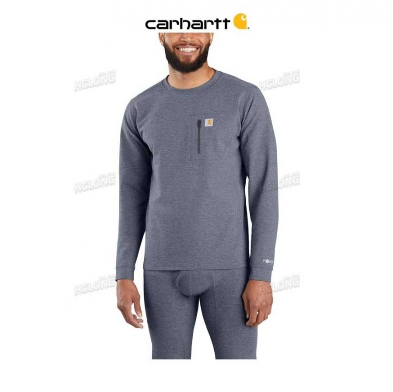 Bleu Marine Carhartt Force Heavyweight Heathered Knit Base Layer Crewneck Pocket Top Bleu - Danmark YHJ-9533403