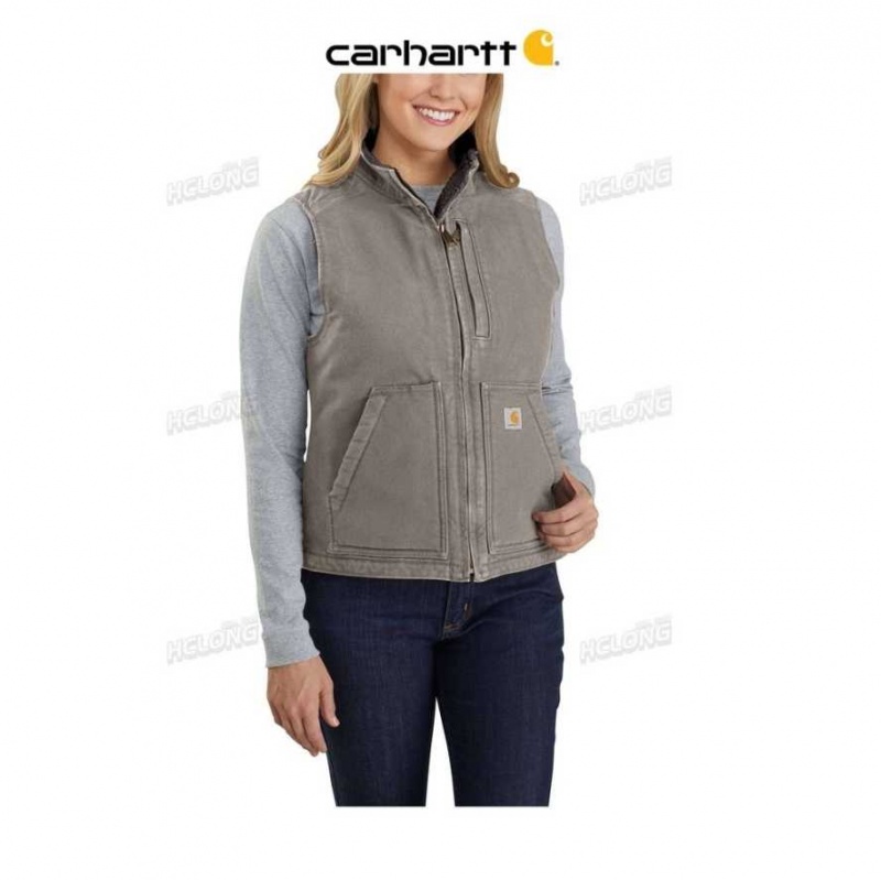 Taupe Gray Carhartt Relaxed Fit Washed Duck Sherpa Doublée Mock Neck Vest Taupe - Danmark OZV-9183414