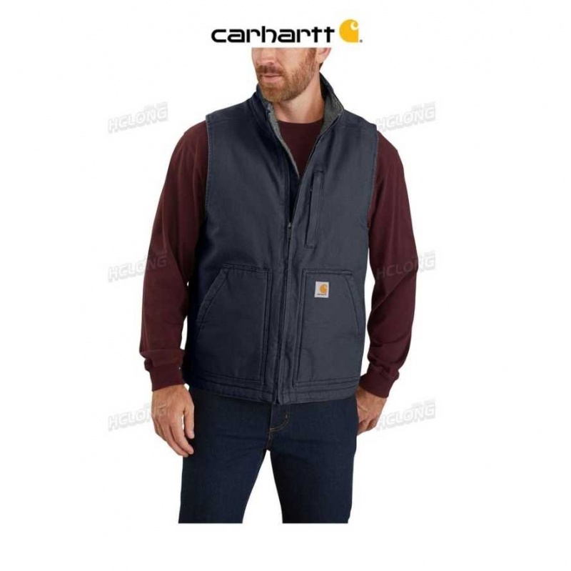 Bleu Marine Carhartt Loose Fit Washed Duck Sherpa-Doublée Mock-Neck Vest Bleu - Danmark UCI-5163440