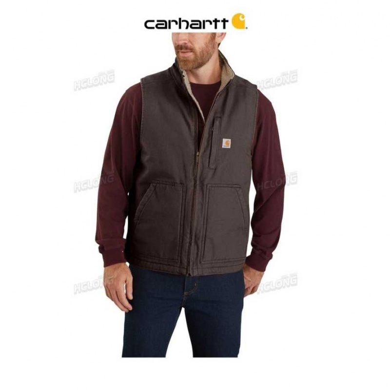 Marron Foncé Carhartt Loose Fit Washed Duck Sherpa-Doublée Mock-Neck Vest Marron - Danmark NJR-3219826