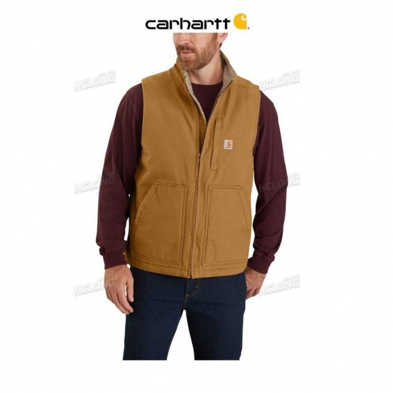 Marron Carhartt Loose Fit Washed Duck Sherpa-Doublée Mock-Neck Vest - Danmark HGB-9970677