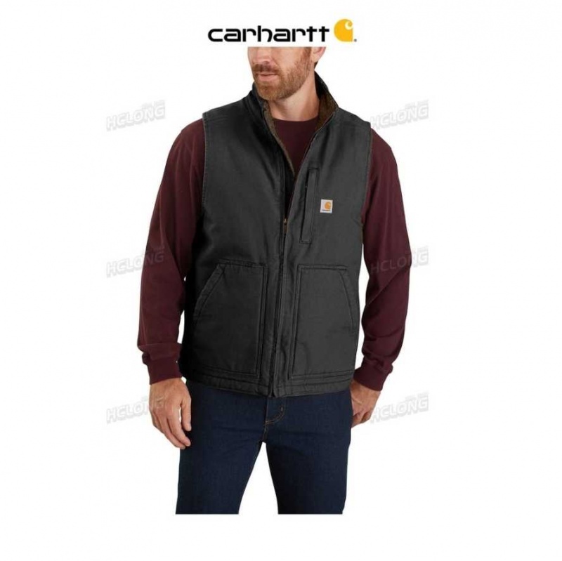 Noir Carhartt Loose Fit Washed Duck Sherpa-Doublée Mock-Neck Vest - Danmark JUN-2235820