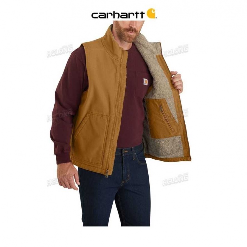 Marron Carhartt Loose Fit Washed Duck Sherpa-Doublée Mock-Neck Vest - Danmark HGB-9970677