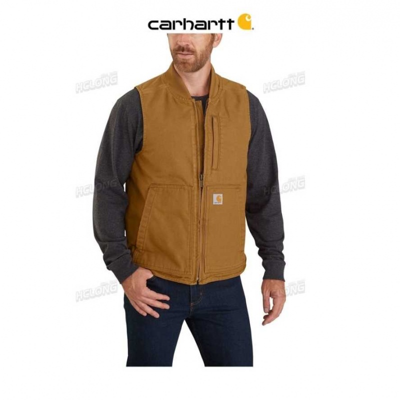 Marron Carhartt Loose Fit Washed Duck Insulated Rib Collar Vest - Danmark JST-5014879