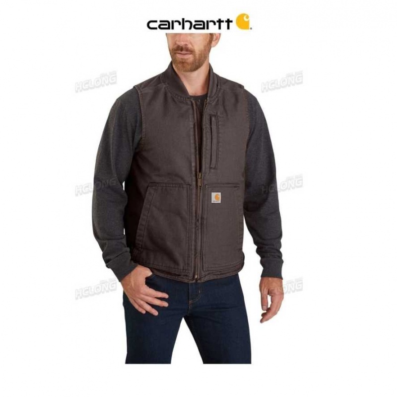 Marron Foncé Carhartt Loose Fit Washed Duck Insulated Rib Collar Vest Marron - Danmark SMP-8746370