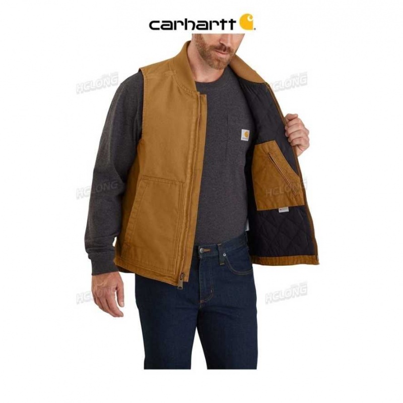 Marron Carhartt Loose Fit Washed Duck Insulated Rib Collar Vest - Danmark JST-5014879