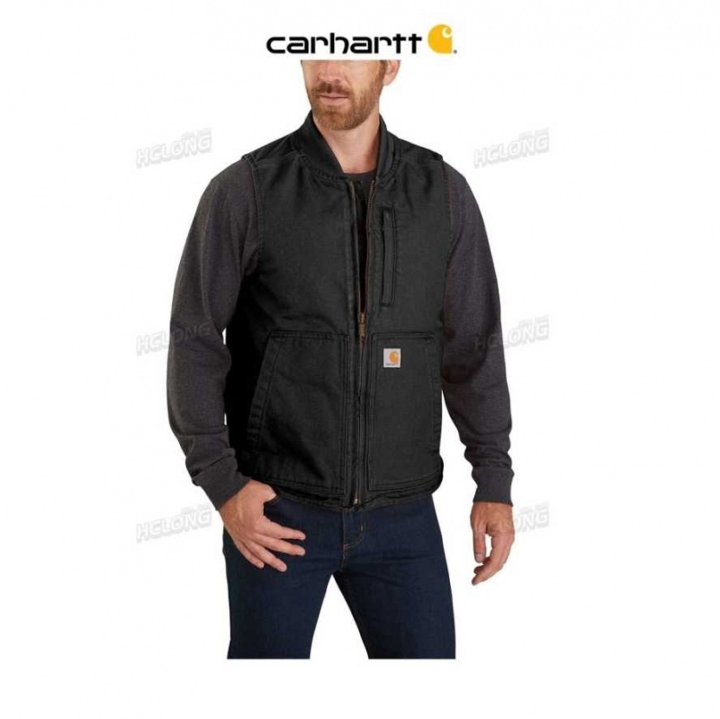 Noir Carhartt Loose Fit Washed Duck Insulated Rib Collar Vest - Danmark LLR-9378161