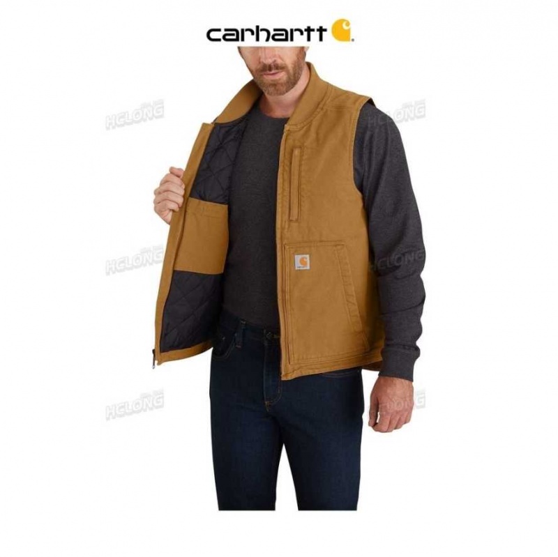 Marron Carhartt Loose Fit Washed Duck Insulated Rib Collar Vest - Danmark JST-5014879