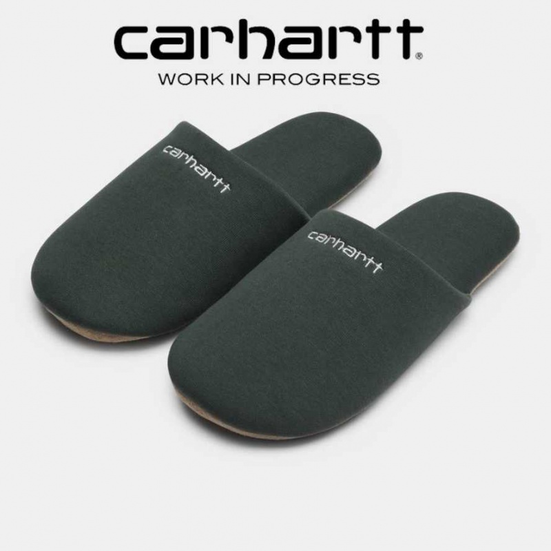 Vert Blanche Carhartt Wip Script Embroidery Slippers Vert - Danmark WSF-4510598