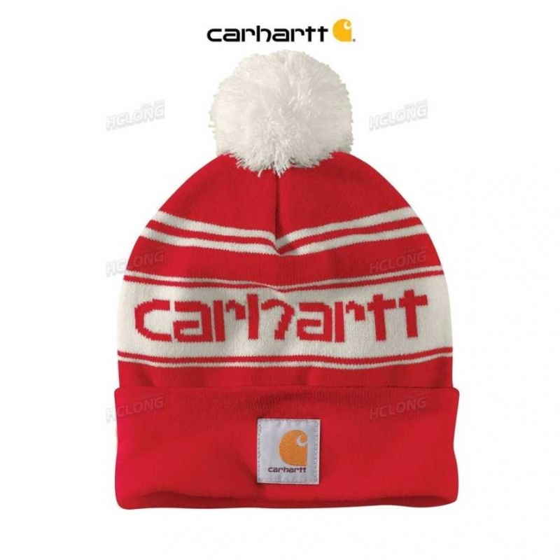 Rouge Blanche Carhartt Knit Pom-Pom Cuffed Logo Beanie Rouge - Danmark IRH-0625295