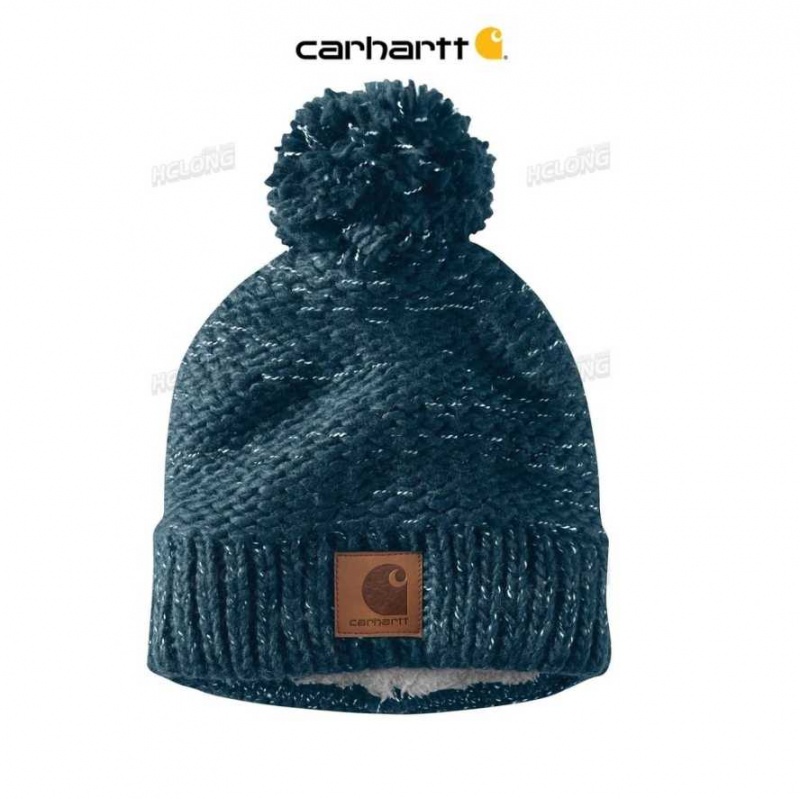 Bleu Carhartt Rib Knit Sherpa-Doublée Pom-Pom Beanie - Danmark ZEA-0985936