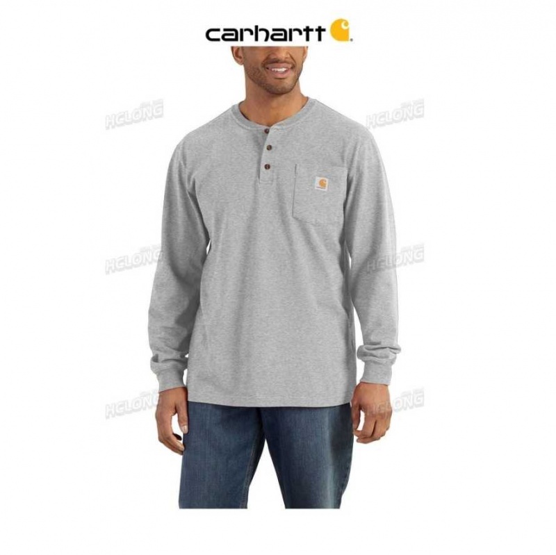 Heather Gray Carhartt Loose Fit Heavyweight Long-Sleeve Pocket Henley T-Shirt Heather - Danmark CRT-9595776