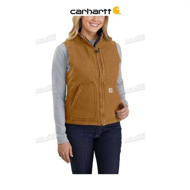 Marron Carhartt Relaxed Fit Washed Duck Sherpa Doublée Mock Neck Vest - Danmark CZK-7051827